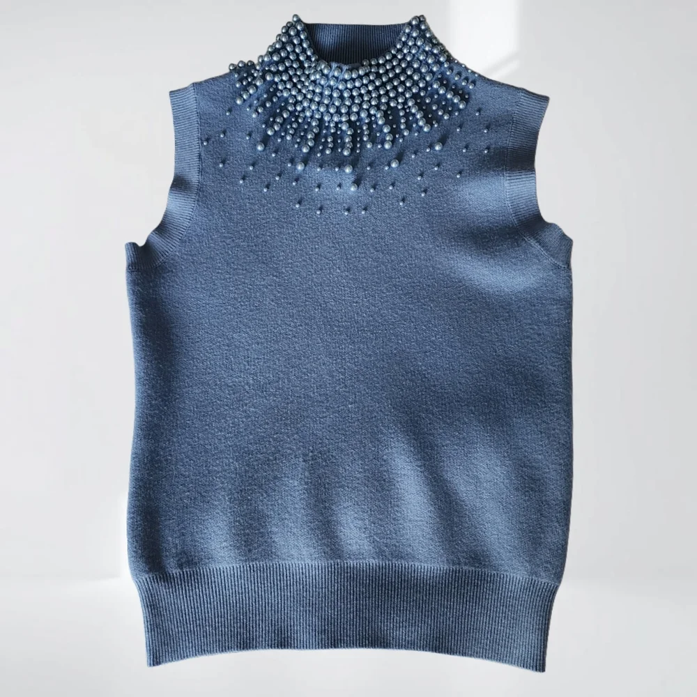 Blue Sleeveless Beaded Sweater NWT - Picture 1 of 3